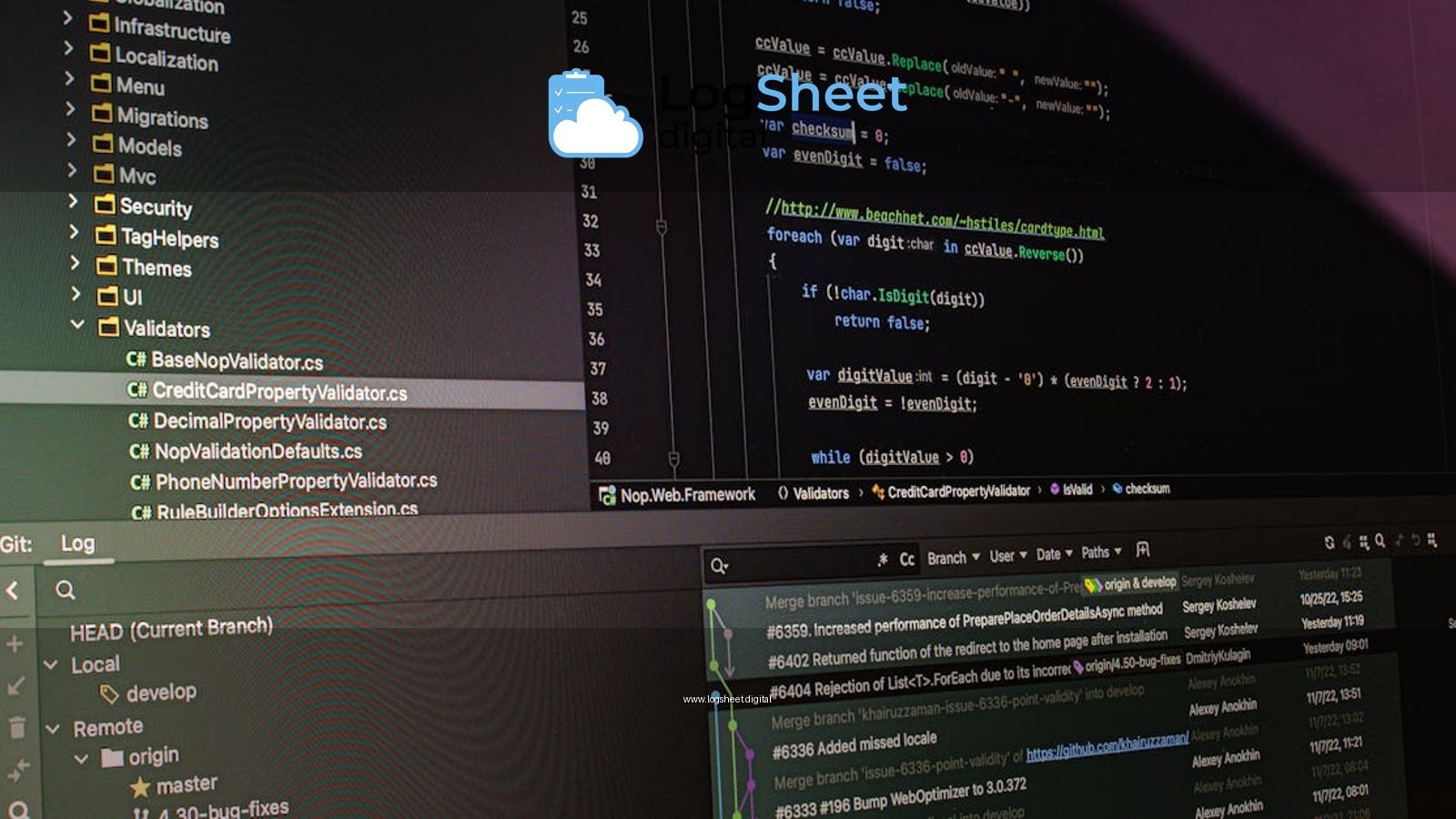 Close-up of software development tools displaying code and version control systems on a computer monitor.