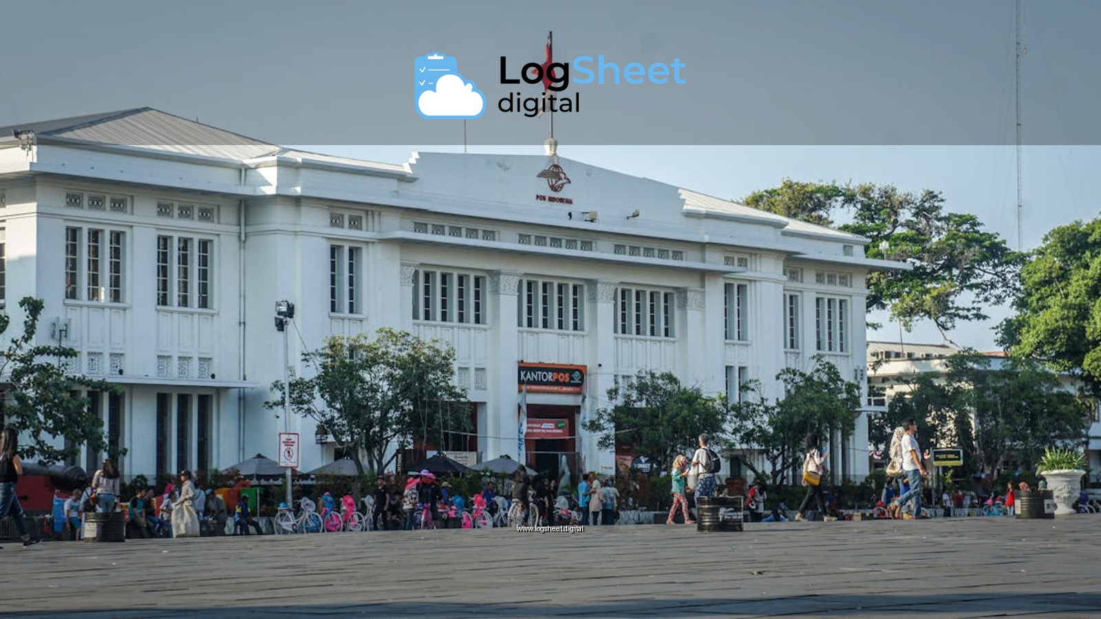 A vibrant scene in front of a historic post office building with people enjoying a sunny day.