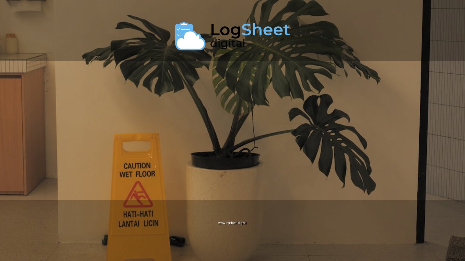 Monstera plant next to a wet floor caution sign in an indoor setting.