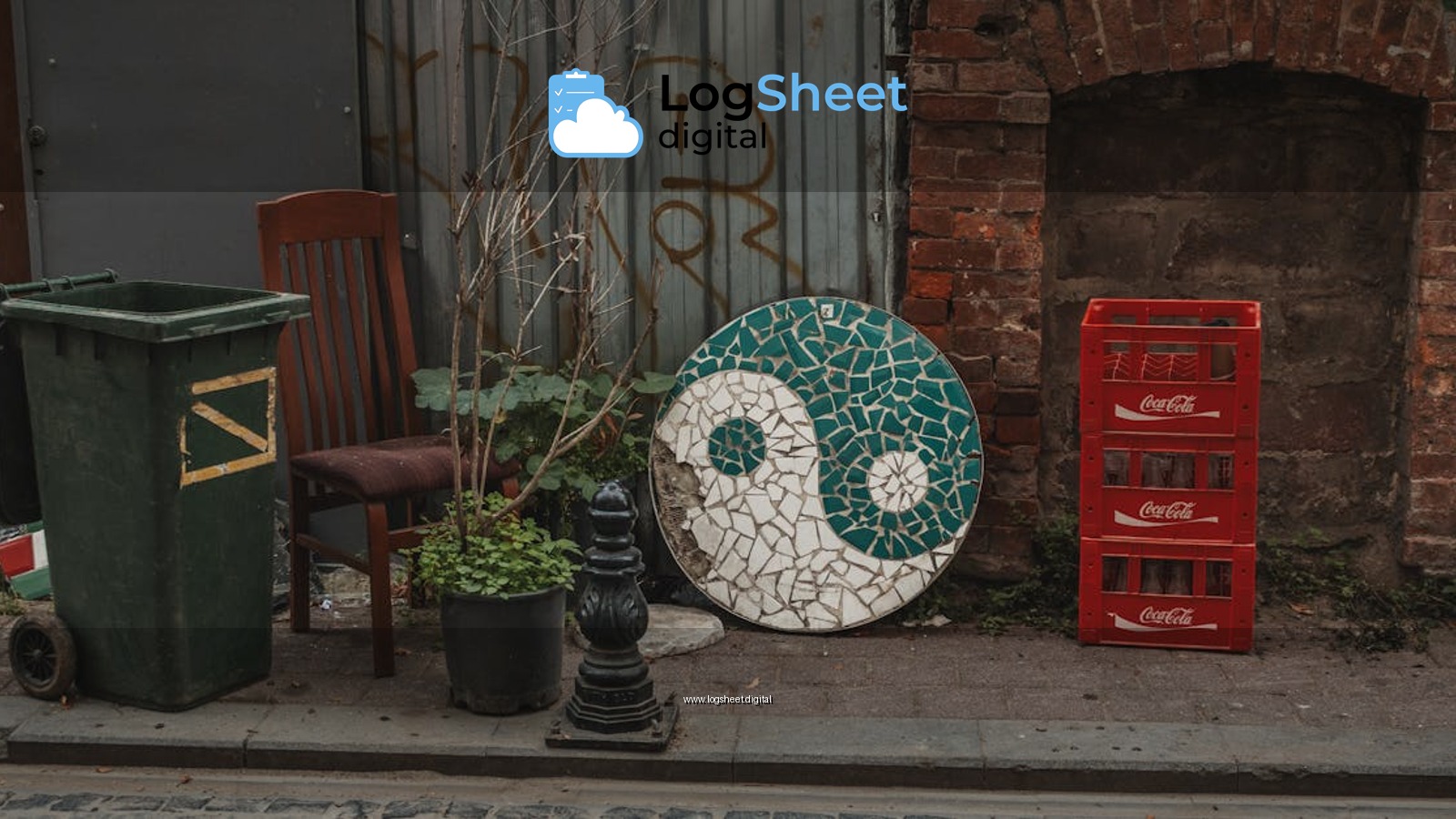 Rustic urban alley with yin-yang mosaic, Coca-Cola crates, and potted plants.
