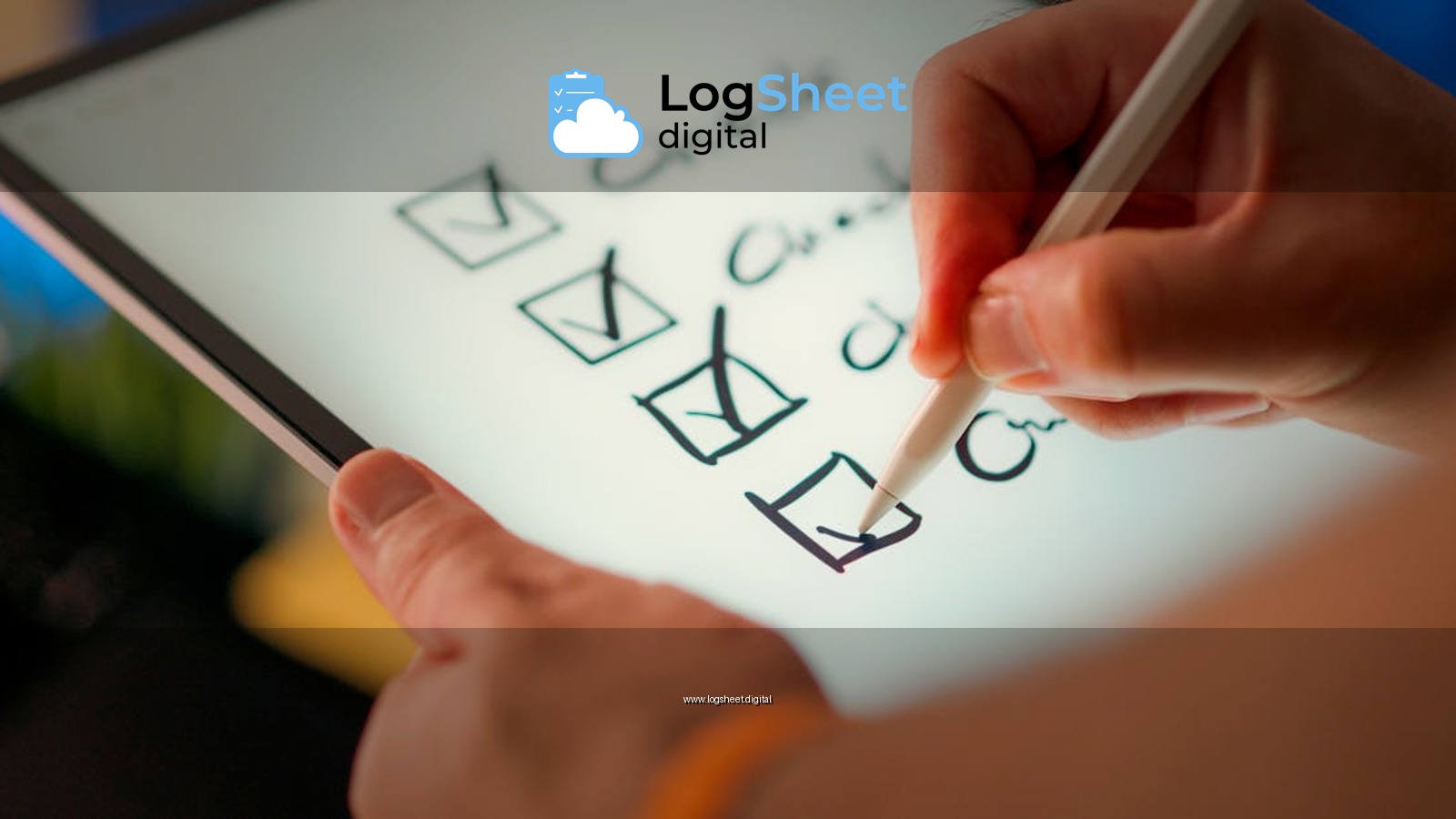 Close-up of a digital checklist being marked off on a tablet with a stylus pen.
