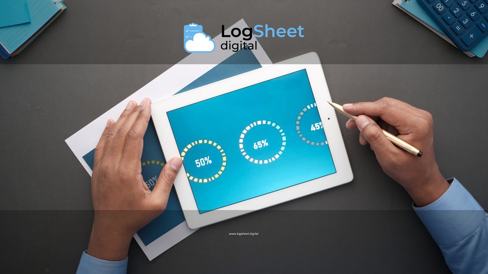 A professional reviewing statistical data on a digital tablet. Top view of business analysis.