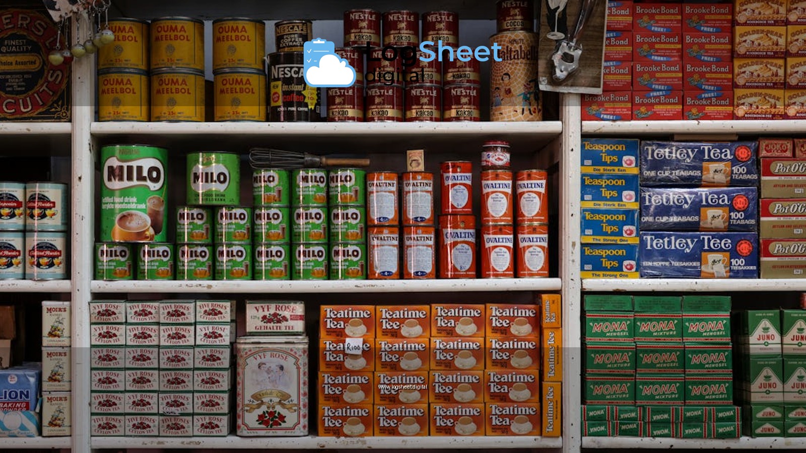 A nostalgic view of vintage grocery store shelves filled with assorted food products and drinks.