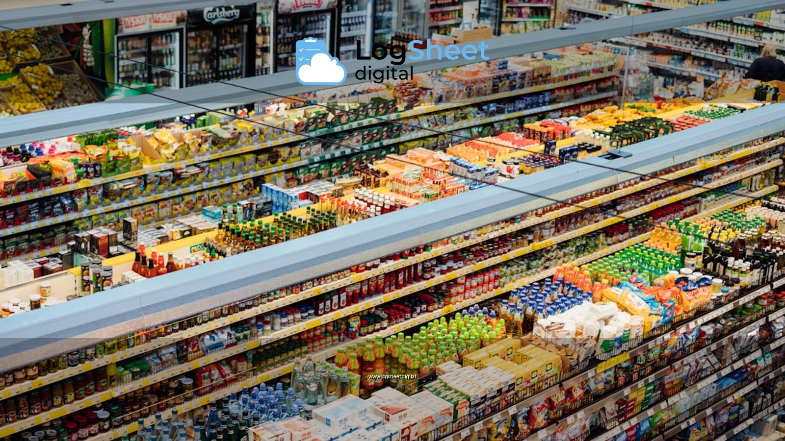 Explore the colorful, fully-stocked shelves of a bustling supermarket from above.