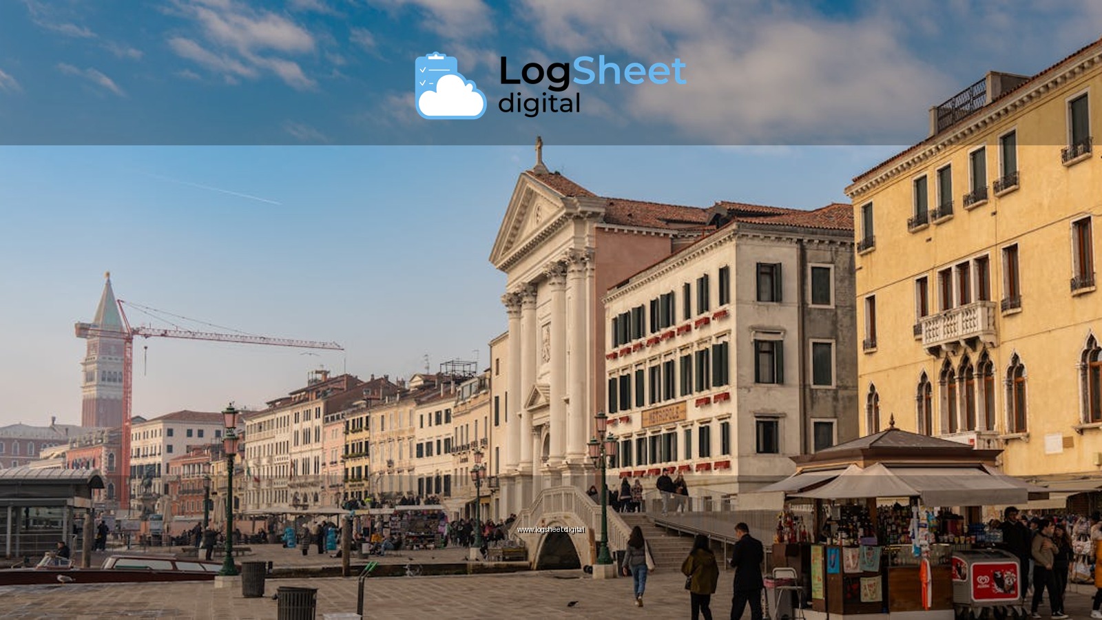 Picturesque street view in Venice showcasing historic architecture and vibrant street life under a blue sky.