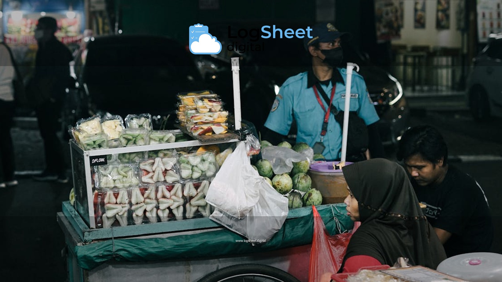 Vibrant night market stall with fresh tropical fruits and street food vendors engaging in commerce.