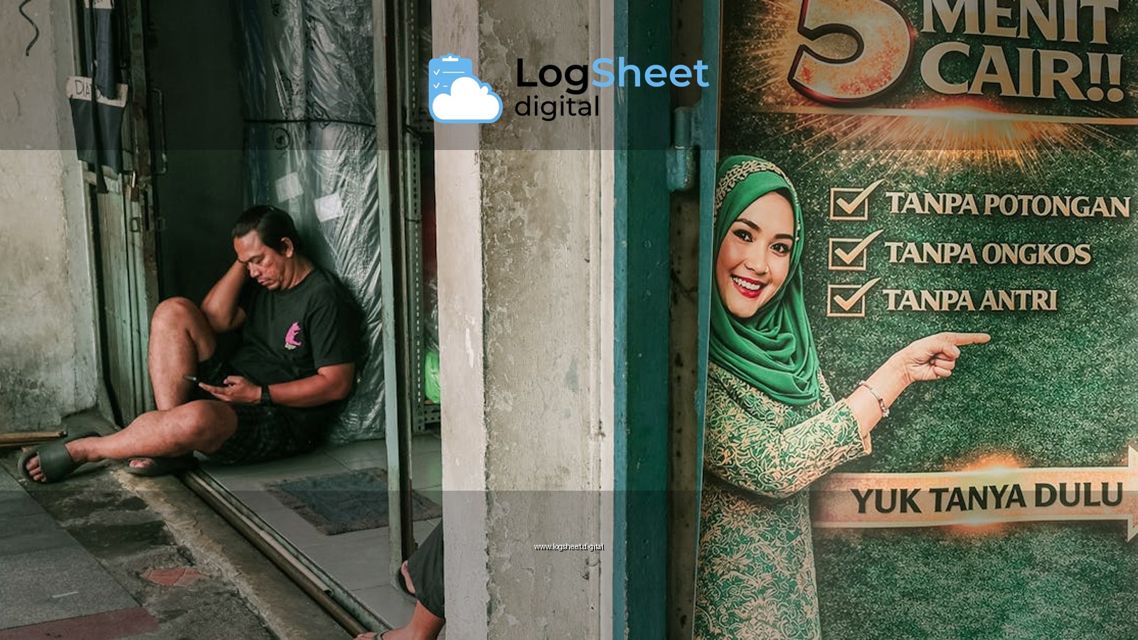 Street photograph in Bandung featuring a diverse marketing poster and a resting man.