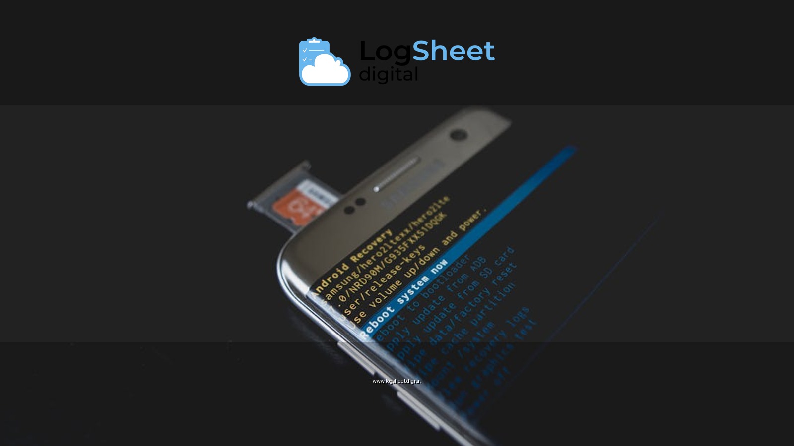Close-up of a smartphone displaying Android recovery mode with an SD card inserted.