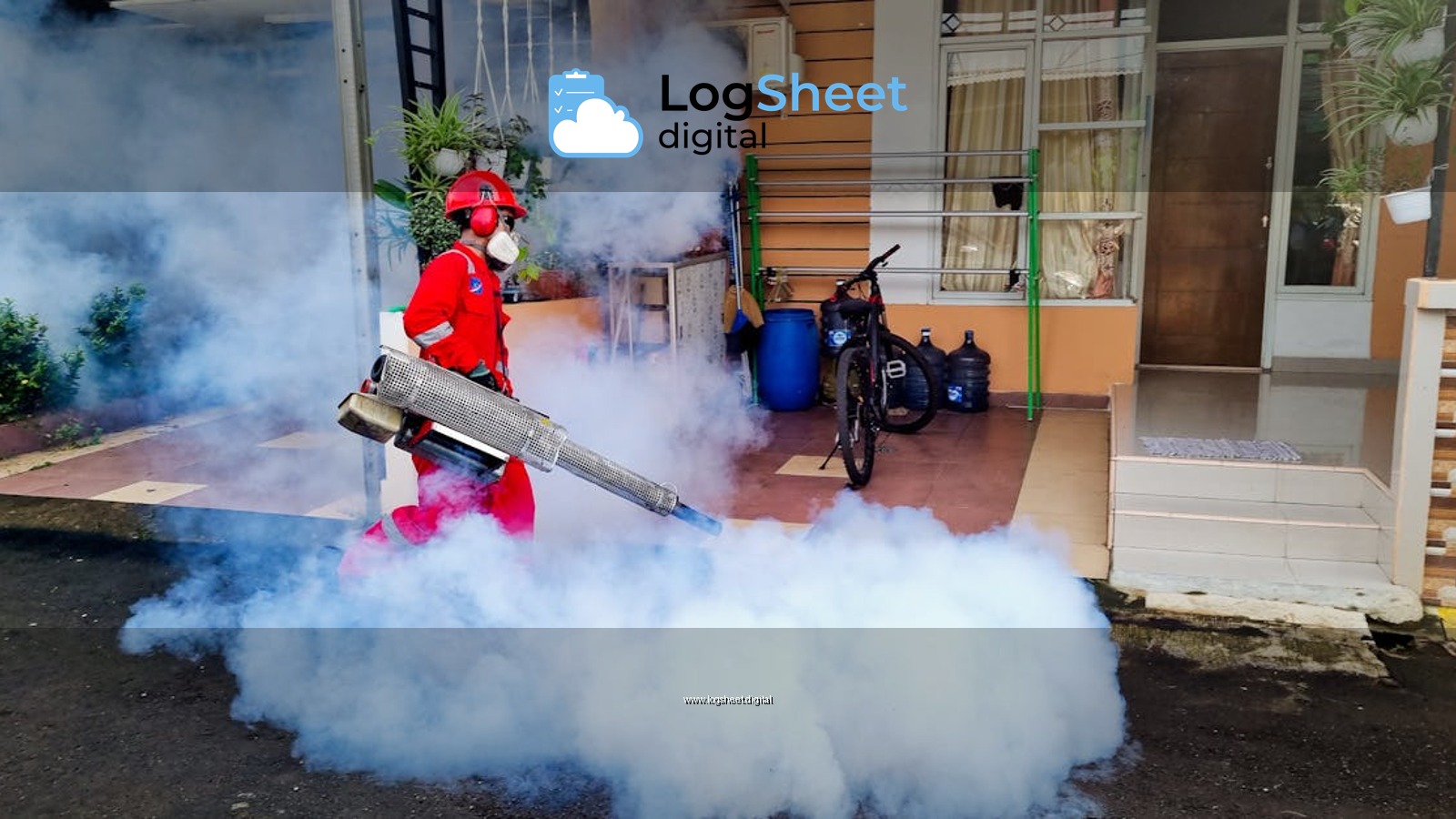 Pest control specialist using a smoke machine to fumigate outside a house.