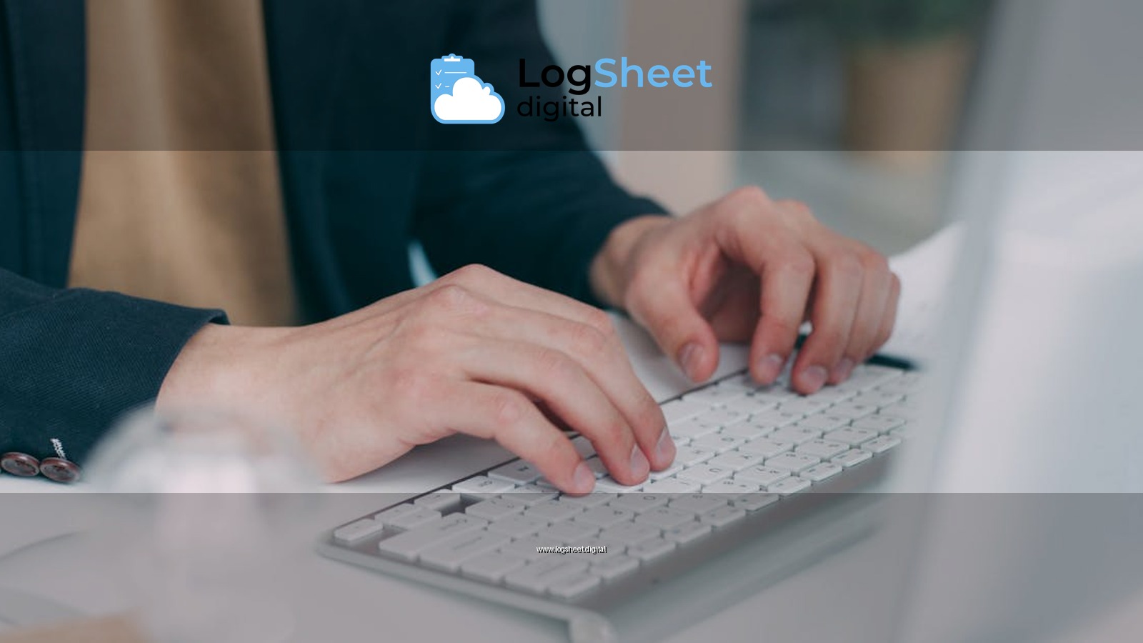 Close-up of hands typing on a white keyboard in an office setting. Ideal for business or technology themes.