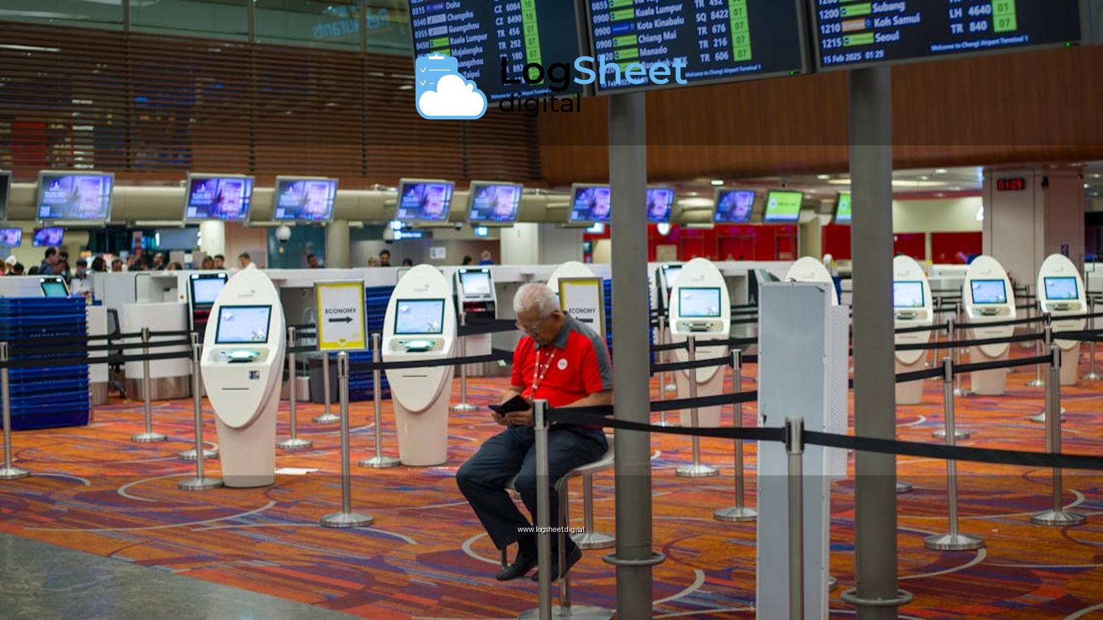 Busy airport terminal interior with flight information displays and check-in kiosks.