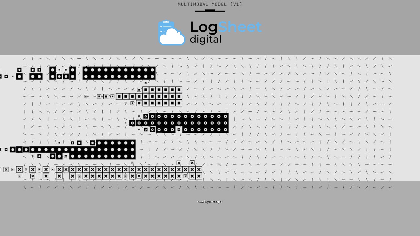 Abstract black and white graphic featuring a multimodal model pattern with various shapes.