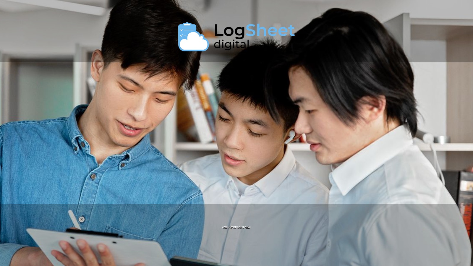Three colleagues collaborating with digital tablets in a modern office environment, showcasing teamwork and discussion.