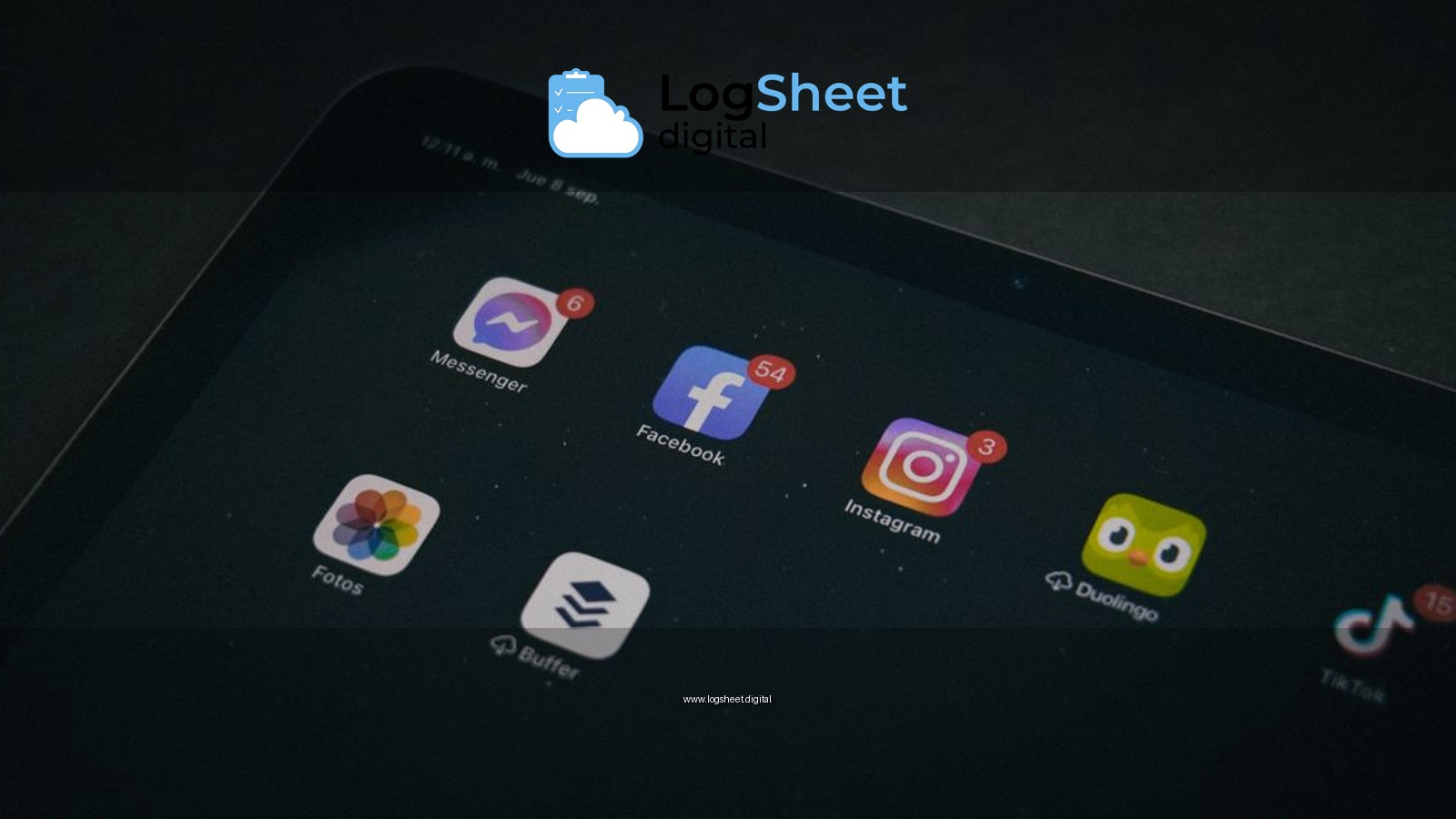 A tablet displaying popular apps like Facebook and Instagram in a dimly lit setting.