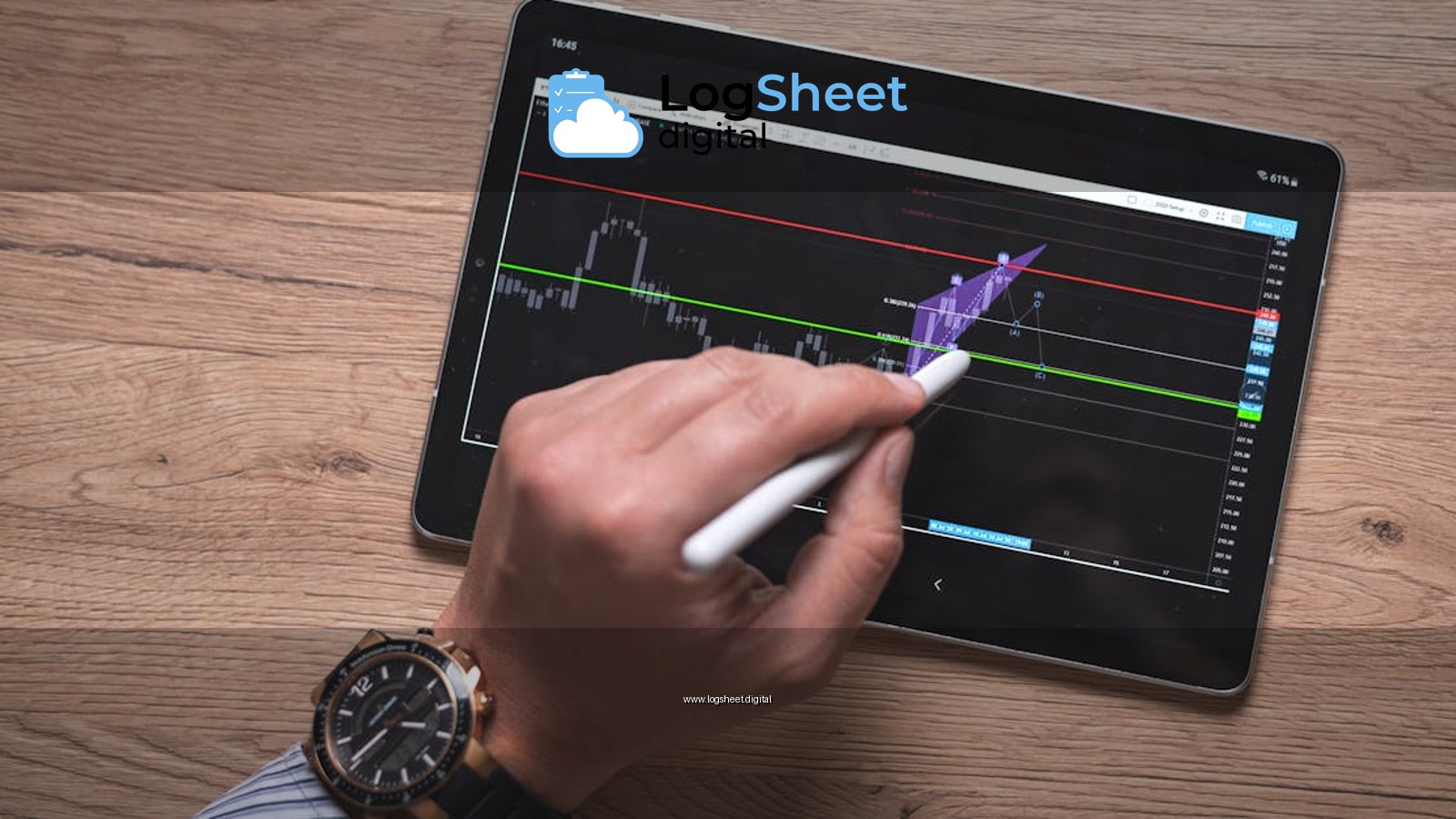 Close-up of a hand using a stylus on a digital trading app on a tablet indoors.