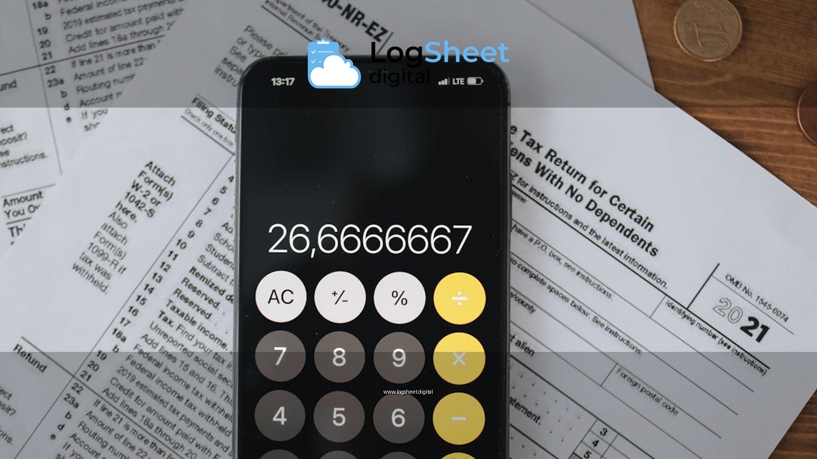 Smartphone calculator over tax forms with coins, symbolizing tax calculation and finance.
