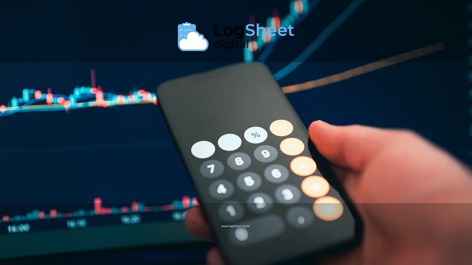 Close-up of a smartphone displaying a calculator with a financial chart in the background.