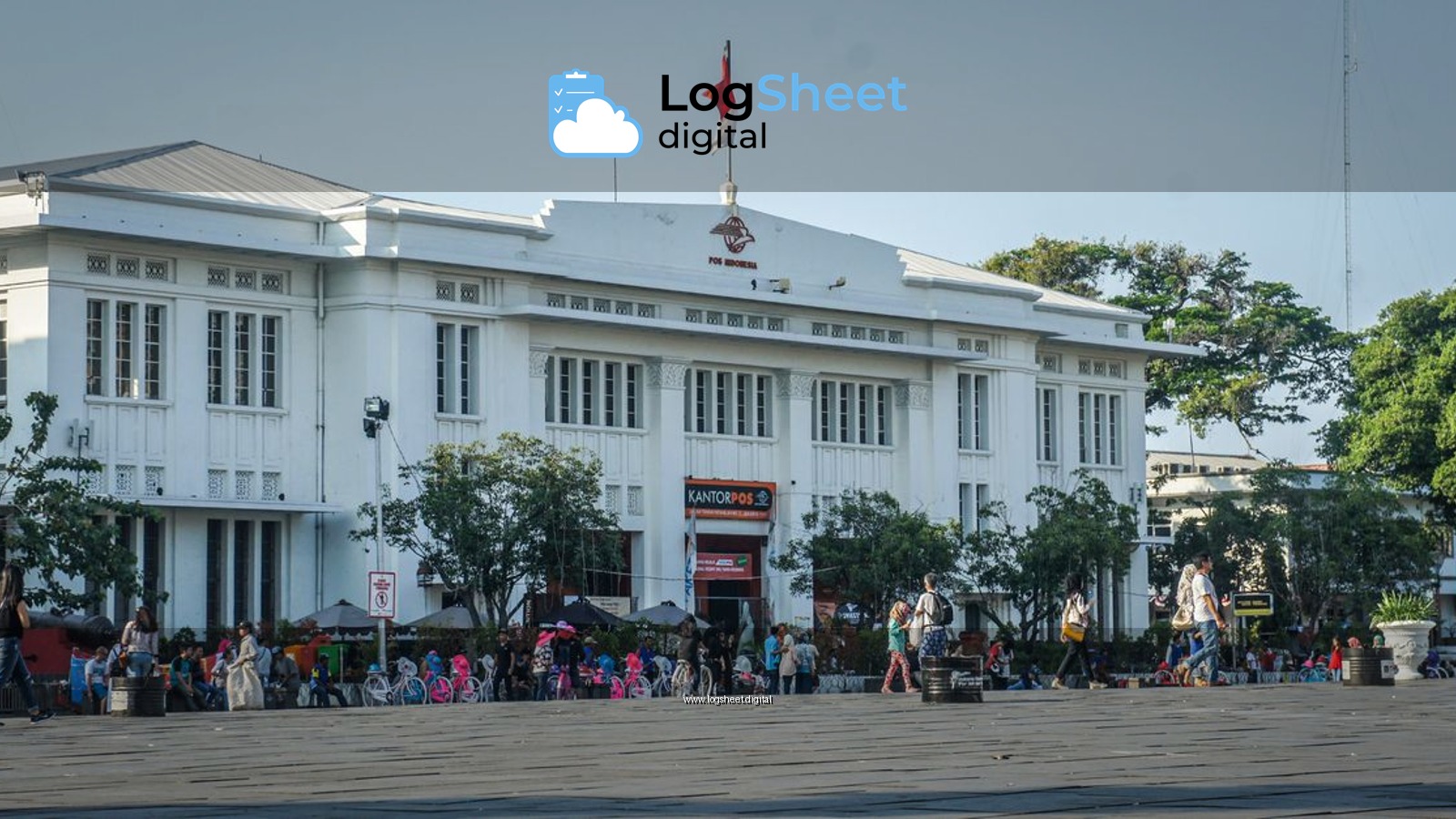 A vibrant scene in front of a historic post office building with people enjoying a sunny day.