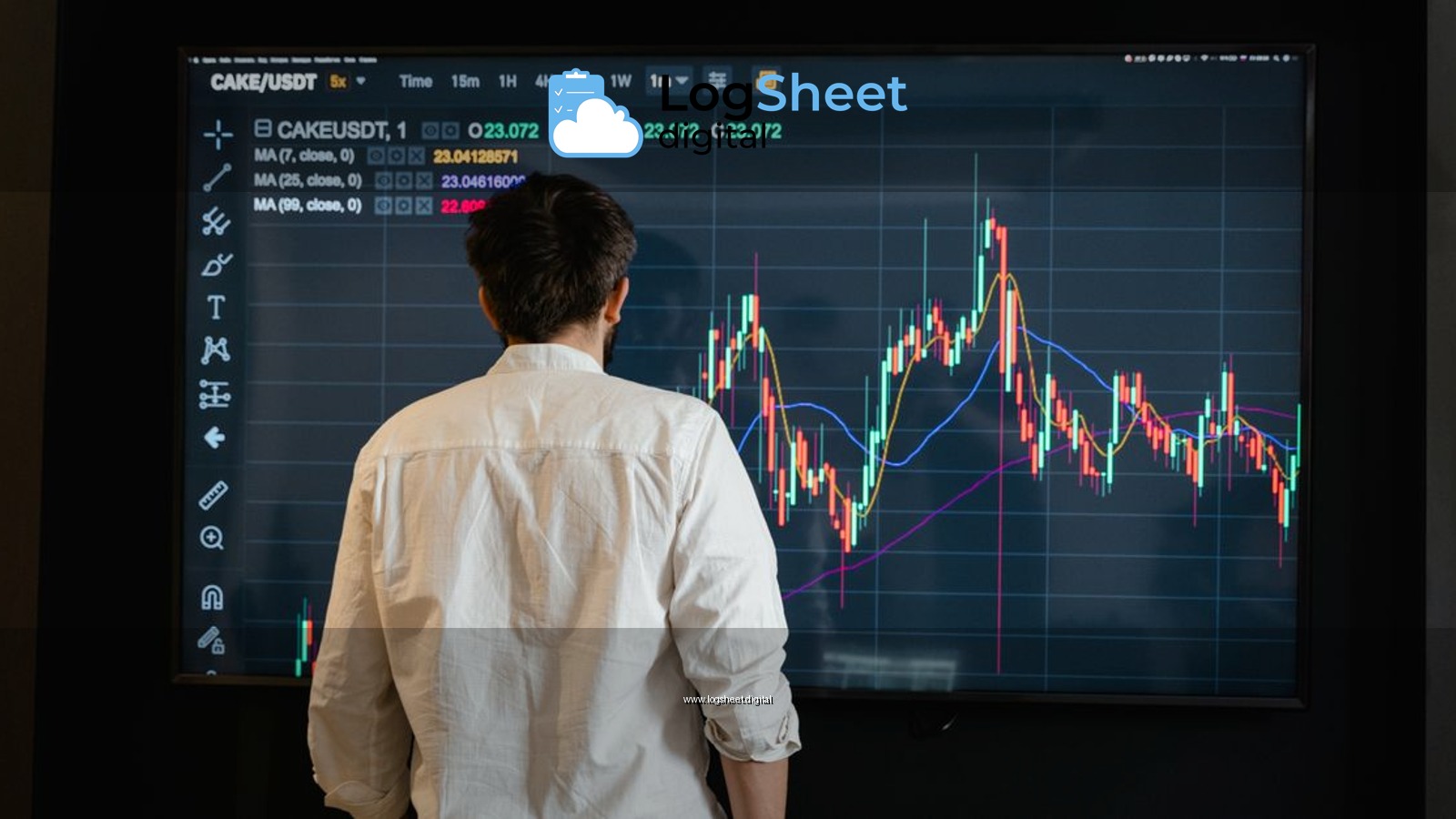 Back view of a trader analyzing cryptocurrency data on a monitor indoors.