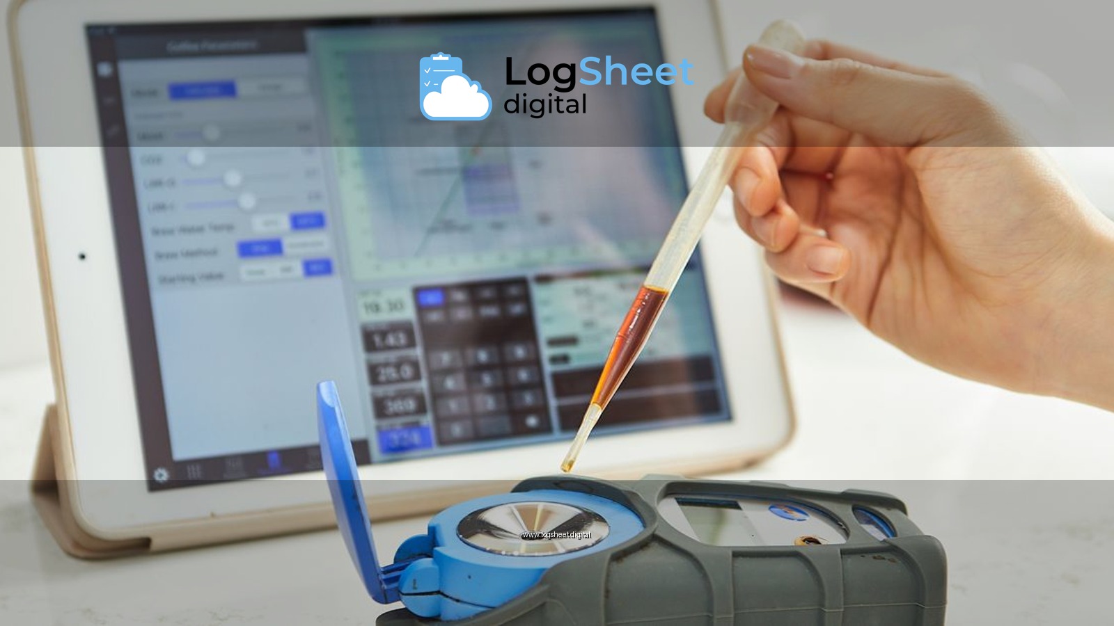 Hand using pipette with refractometer in front of tablet displaying measurement interface.