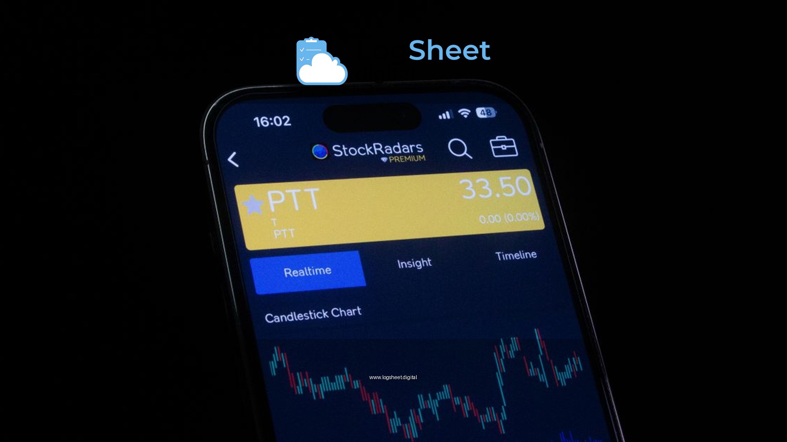 Close-up of a smartphone screen displaying a stock trading app with candlestick charts, showing real-time stock data.