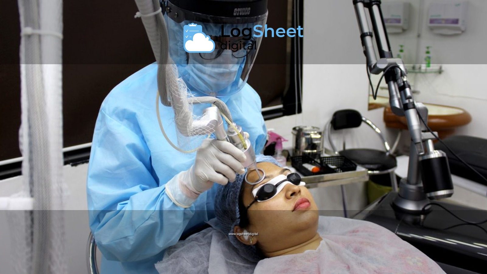 A medical practitioner performs laser treatment on a woman for skin care.