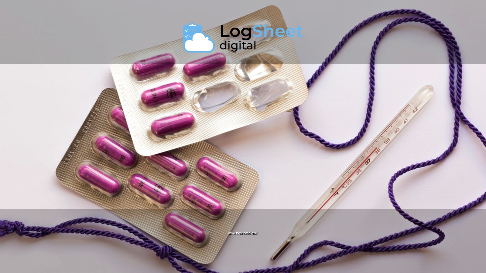 Image of pills and a thermometer on a white background, useful for healthcare themes.