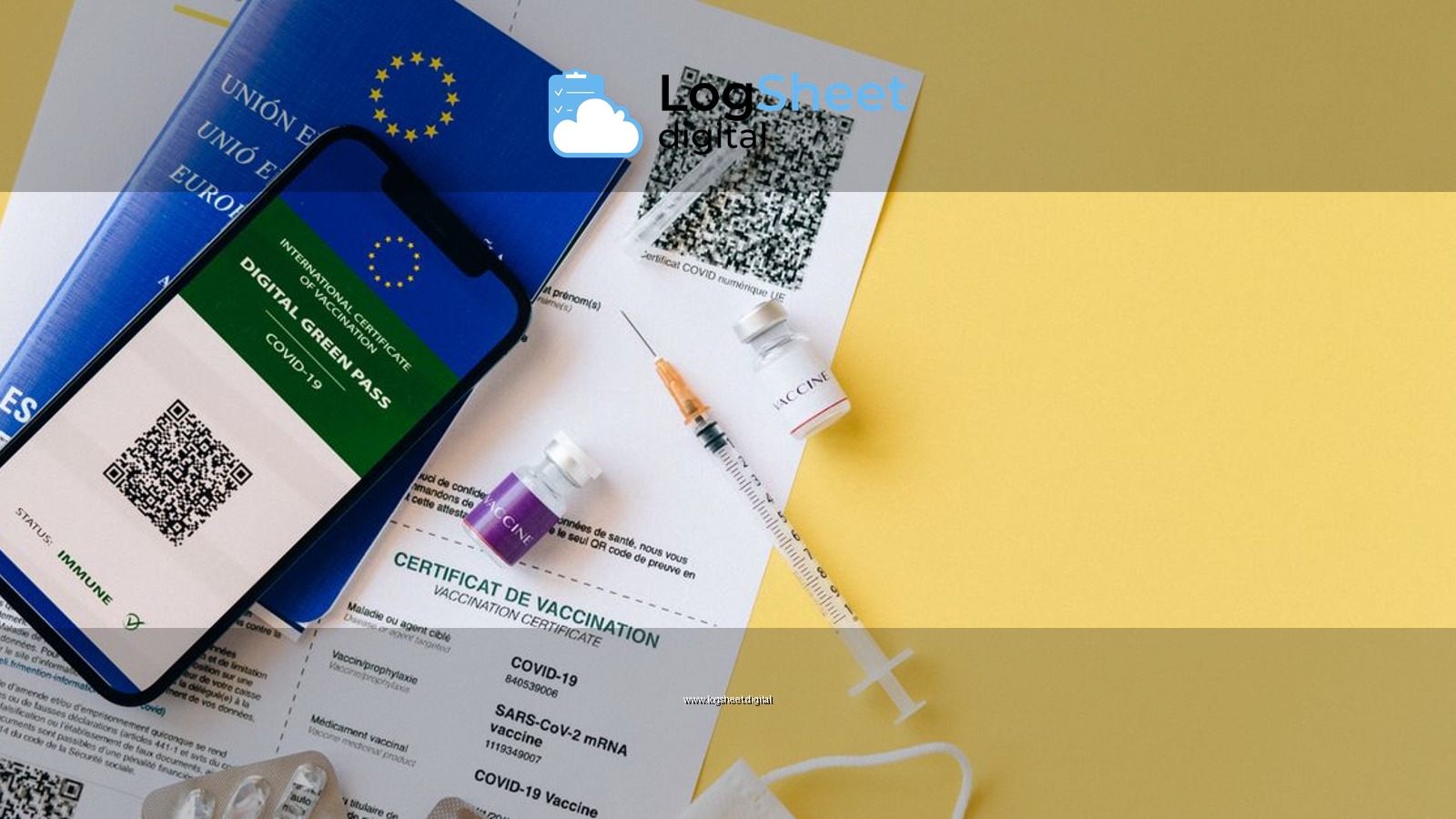 Digital vaccine passport and COVID-19 vaccination items including syringes and masks on a yellow background.