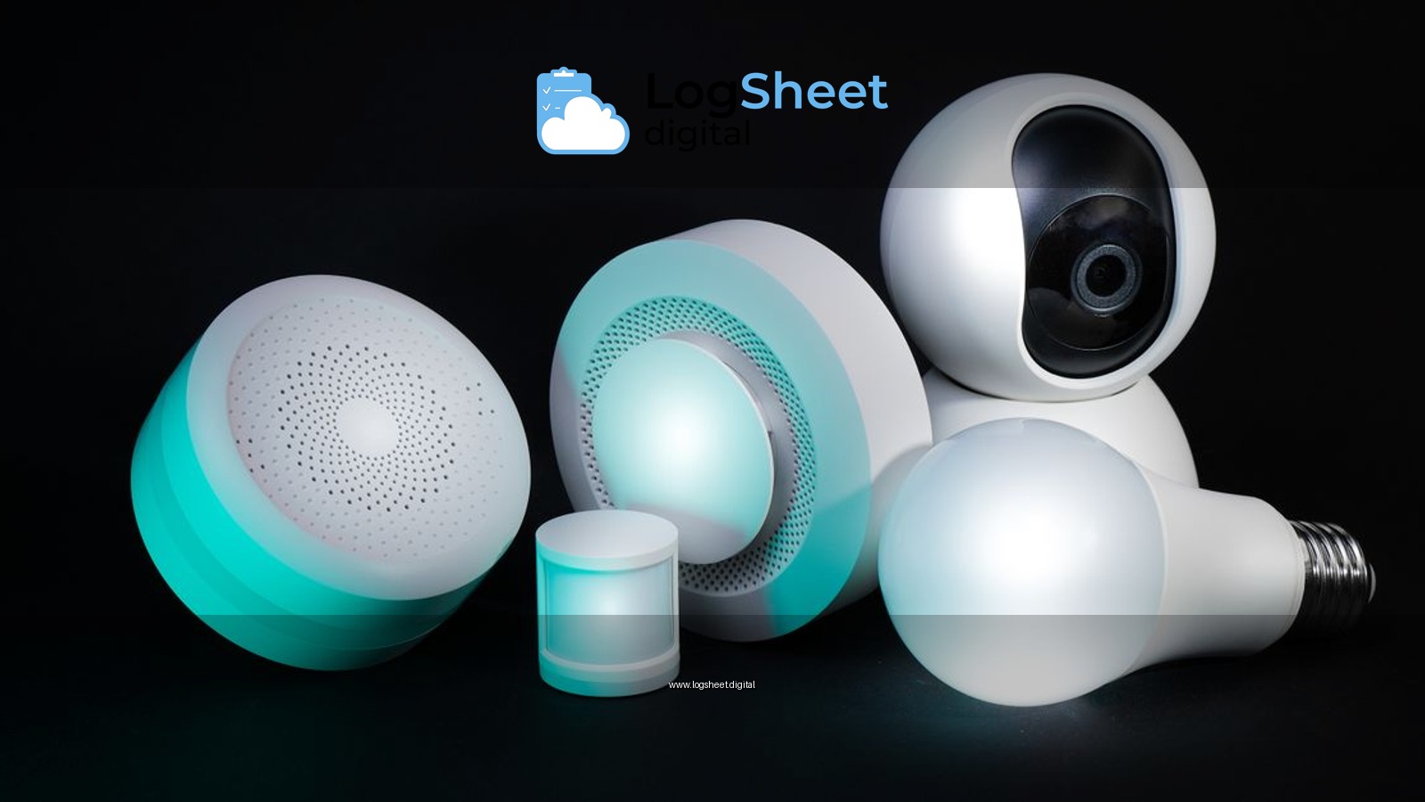 Collection of smart home devices including a camera, bulbs, and sensors on a dark background.