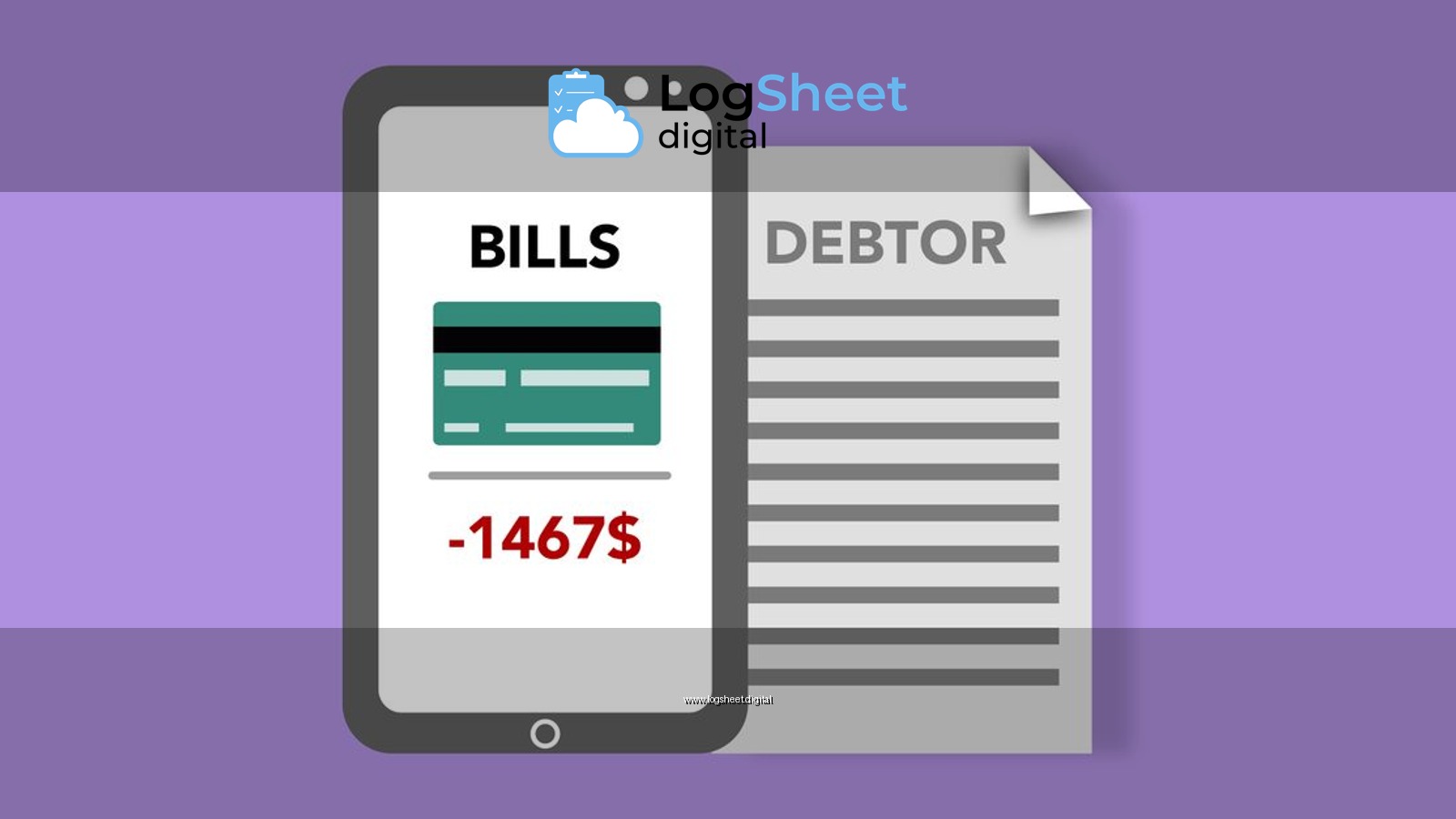 Vector illustration of smartphone with credit card picture and bills inscription placed near debtor document against purple background