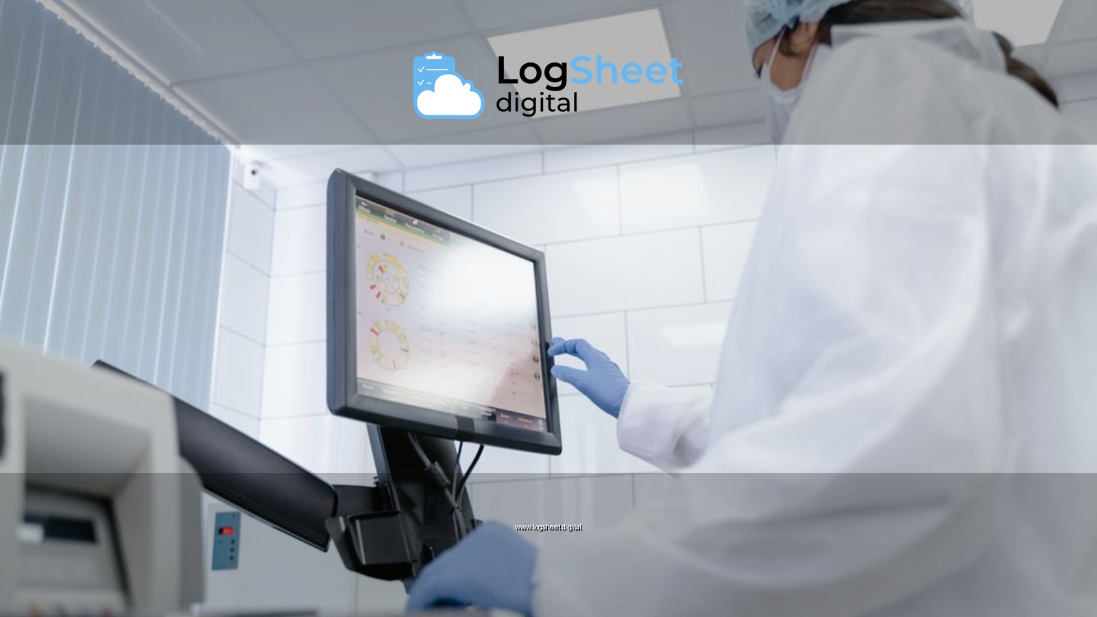Woman in lab coat using touchscreen monitor in a modern laboratory setting.