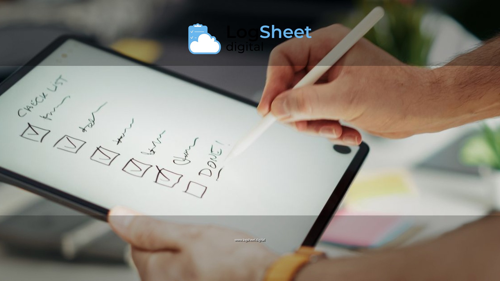Close-up of a hand writing on a digital checklist using a stylus on a tablet, enhancing productivity.