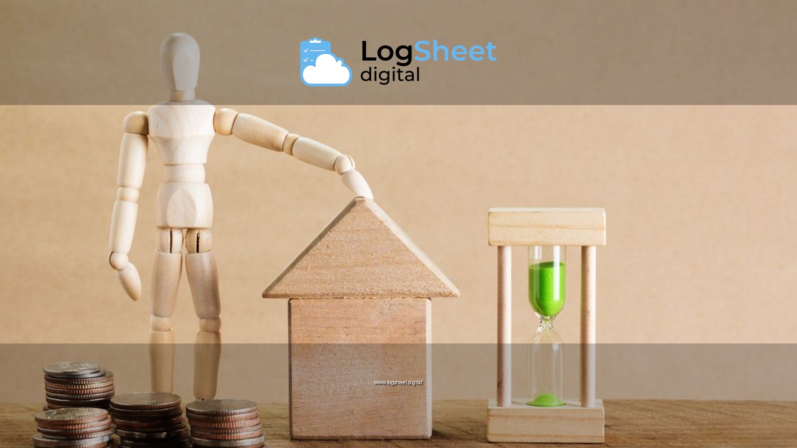 Wooden mannequin with house model, coins, and hourglass symbolizing financial planning.