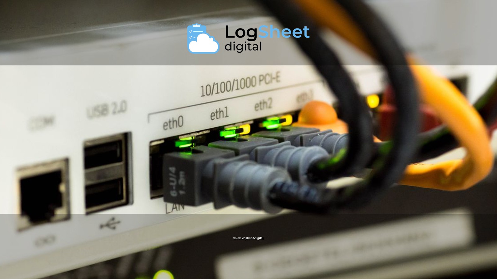 Detailed close-up of ethernet cables and network connections on a router, showcasing modern technology.
