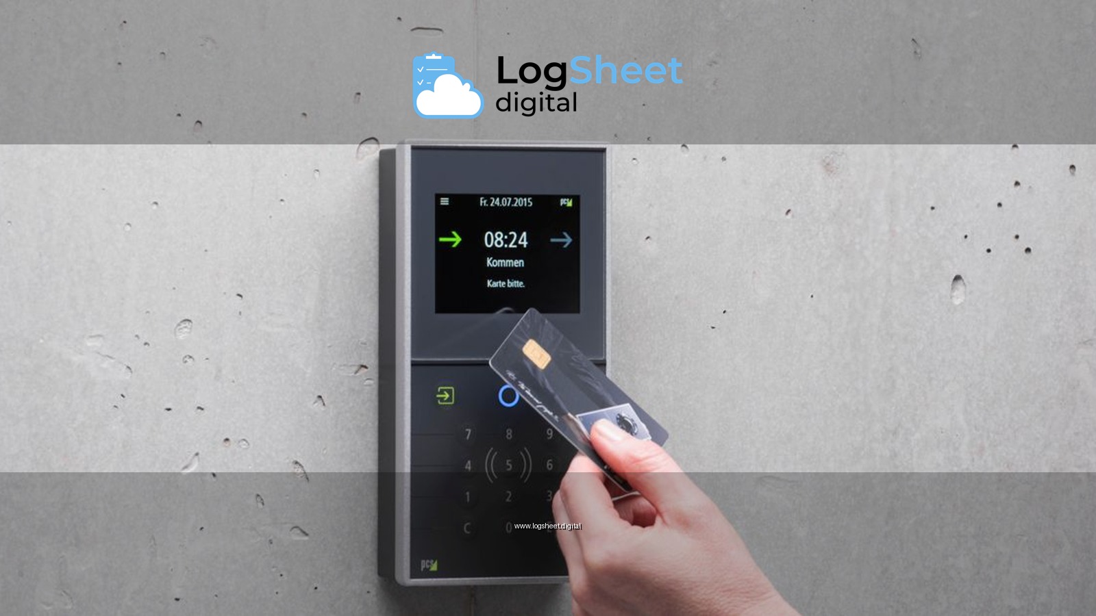 A businessman uses a secure card reader access system against a concrete wall.