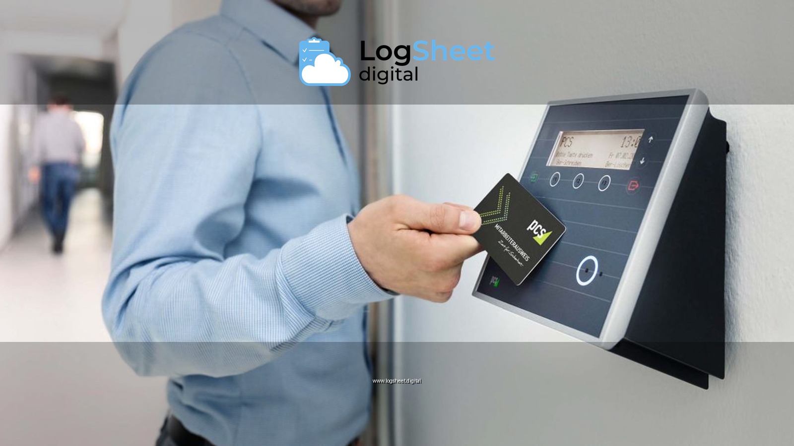 Businessman uses RFID card reader for secure office access, enhancing workplace security.