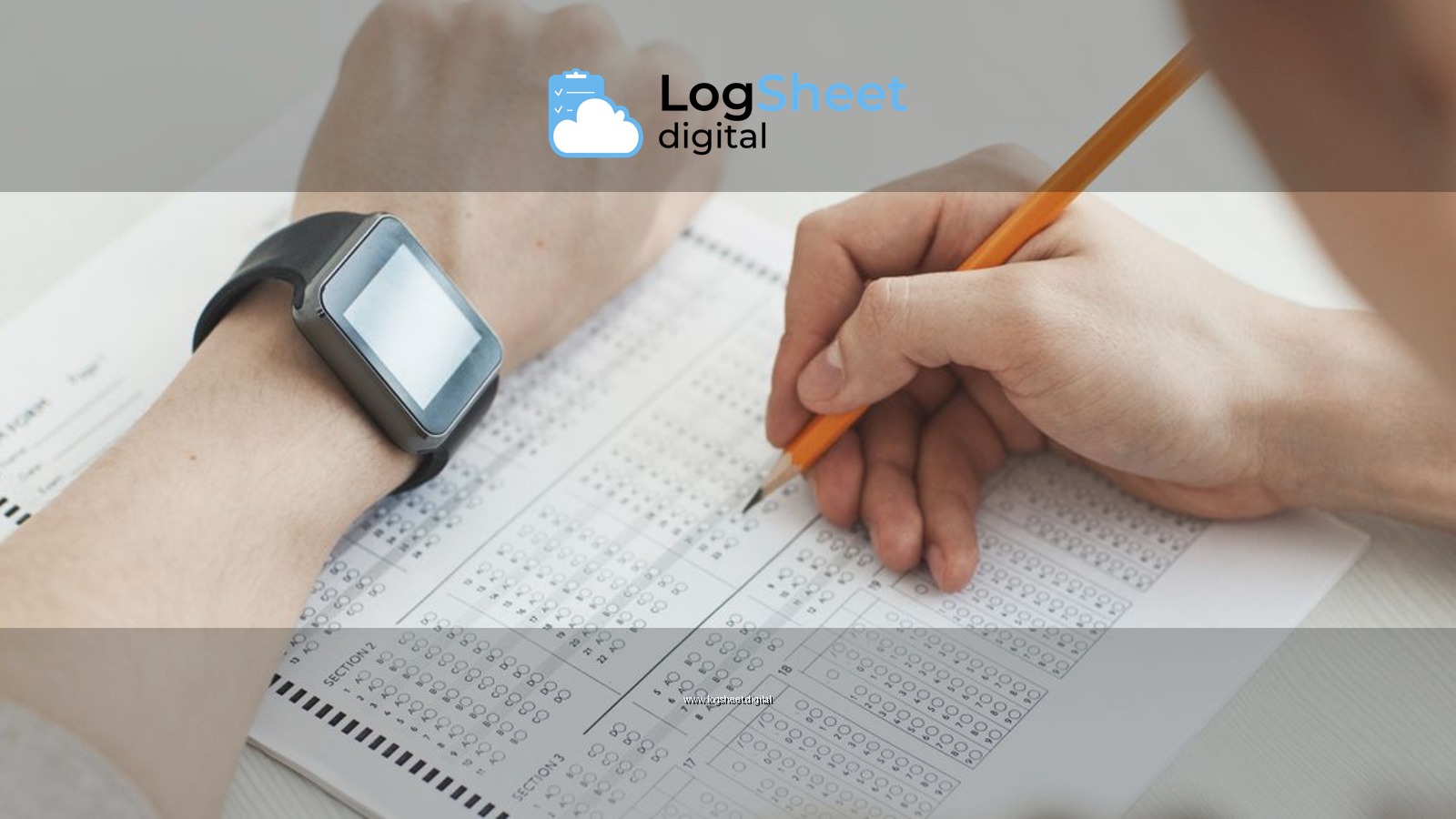 Close-up of a student writing answers on a test sheet with a pencil and smartwatch.