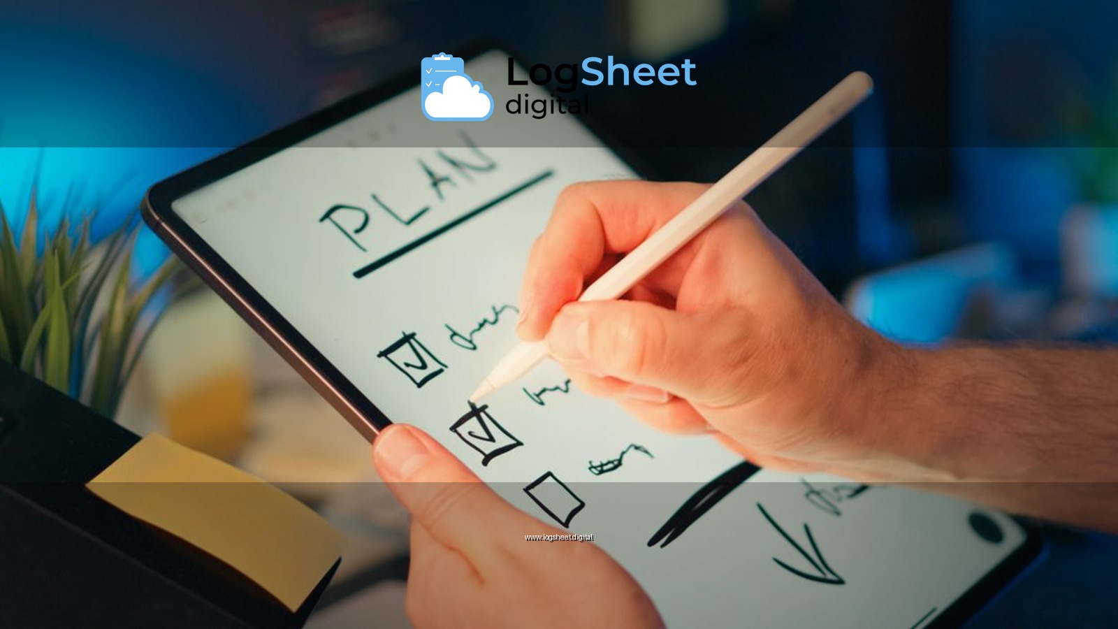 Person using a digital tablet and stylus to plan and organize tasks in an office setting.
